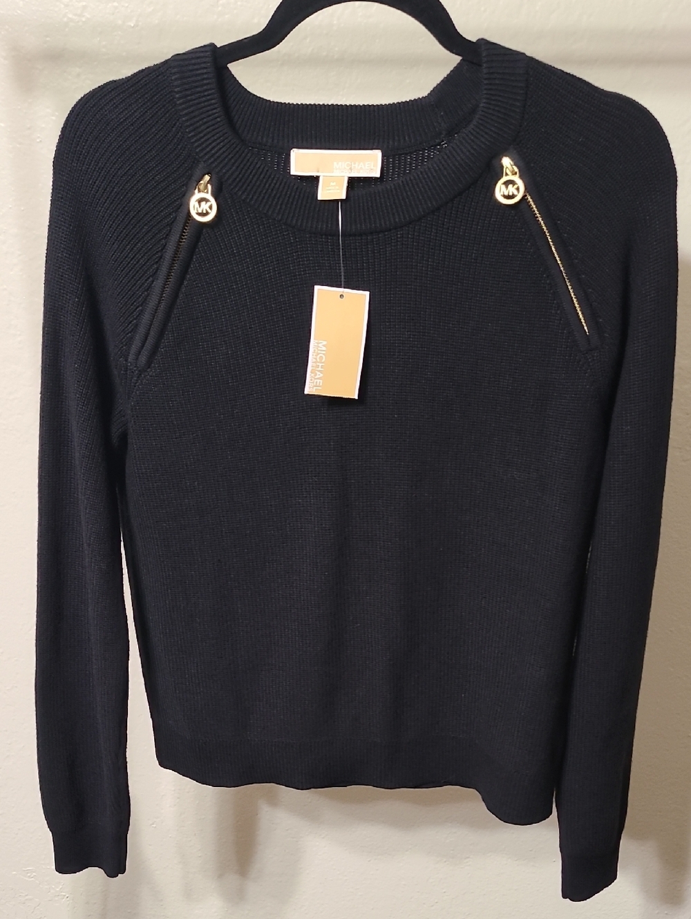 Michael Kors Black Crewneck Sweater with Gold Zip Accents